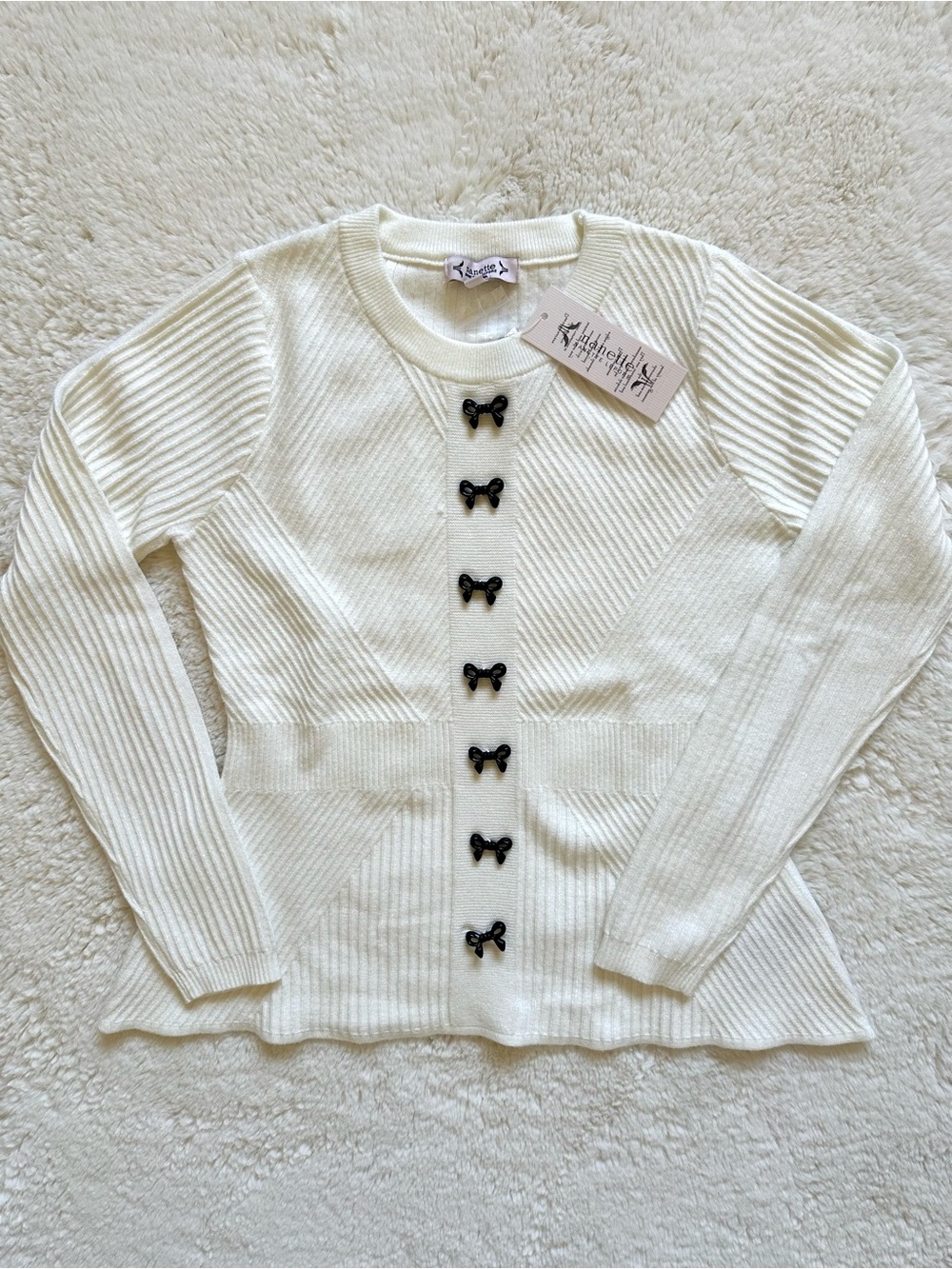 Nanette Lepore Cream Ribbed Knit Sweater with Black Bow Buttons Small NWT